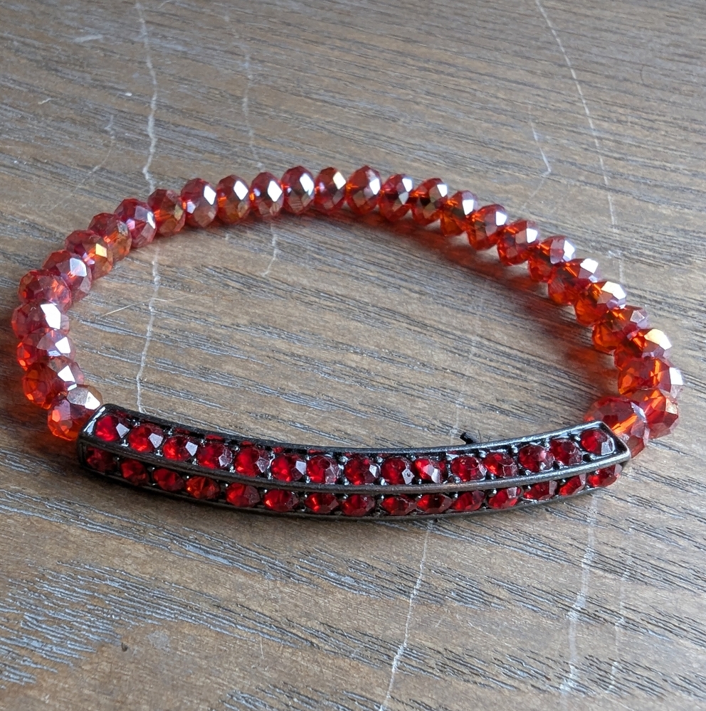 Red Beaded and Stone Stretch Bracelet